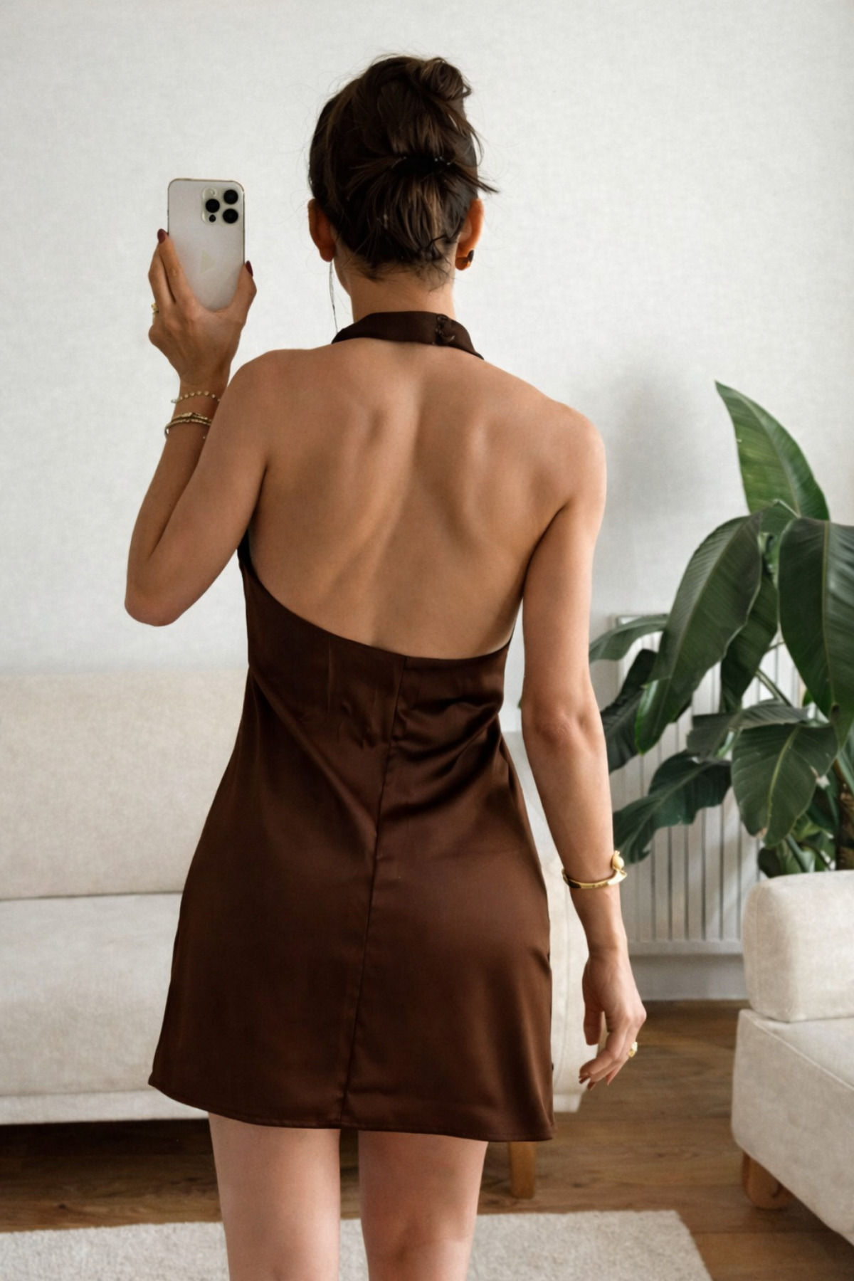 Nika Fashion  Kahverengi Sırt Dekolte Boyun Geçmeli Elbise - Görsel 2