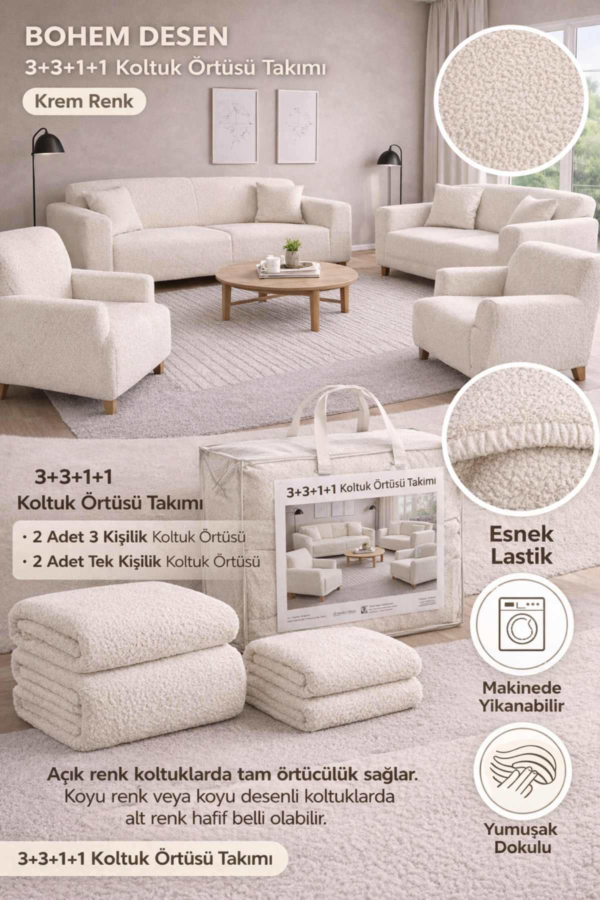Bohemian Pattern Cream Elastic Seat Cover 3+3+1+1 Set | Elastic Seat Cover