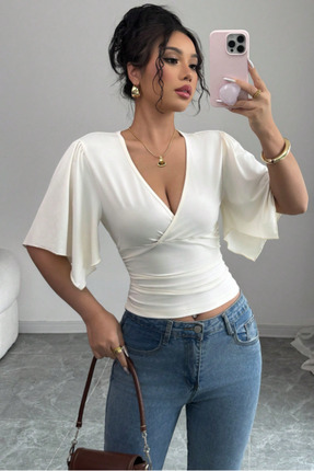 Tarz Cool Kadın Beyaz Kruvaze Yaka Yarasa Kol Likralı Şık T-Shirt