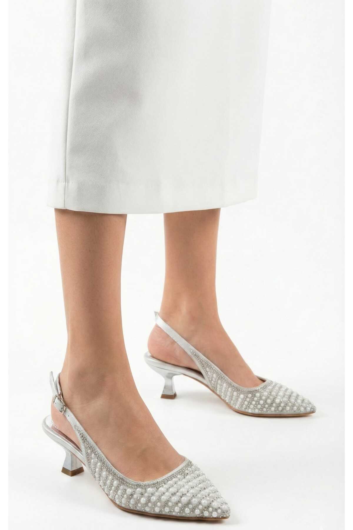 Women's Short Heel Pearl Silver Wedding Dress Evening Shoes