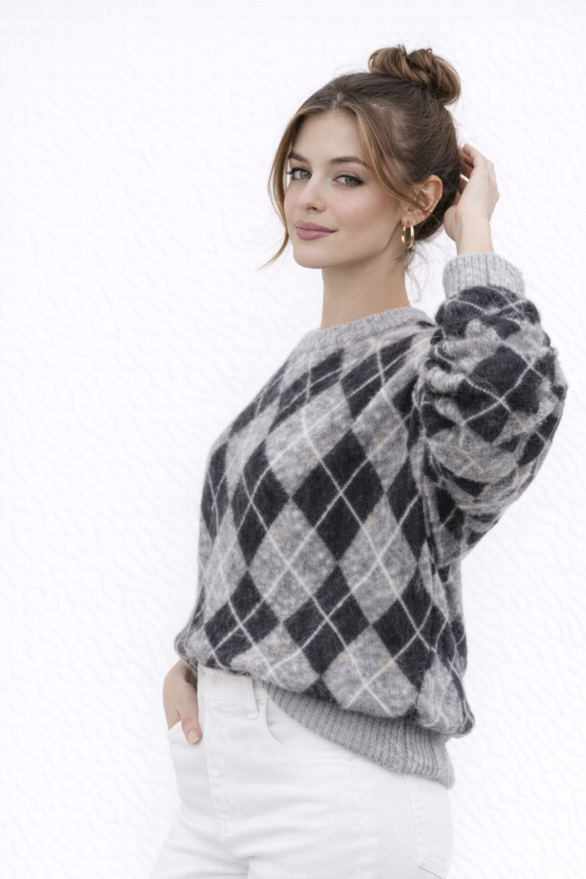 Kırlangıç Moda  Gri Siyah Baklava Desen Bisiklet Yaka Oversize Triko Kadın Kazak - Görsel 6