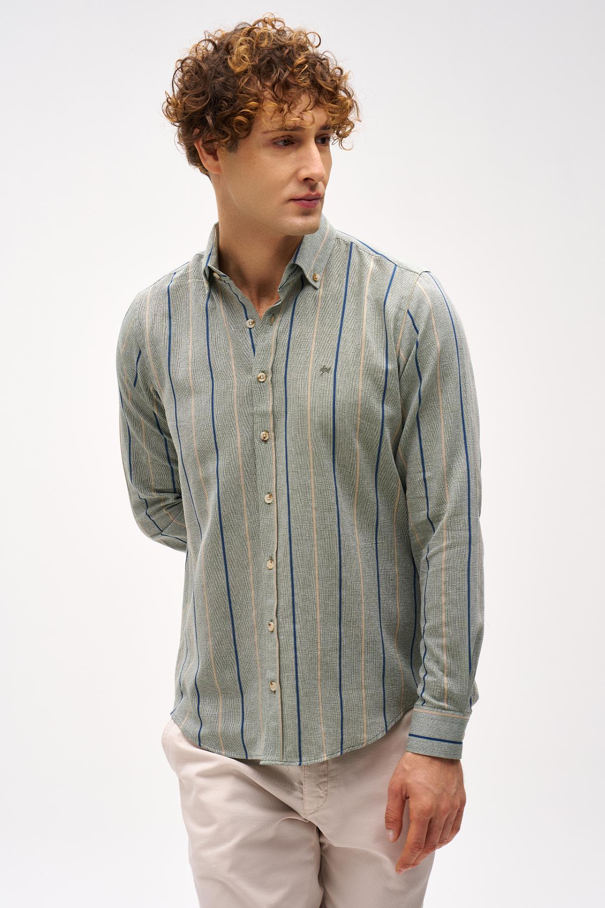 Men's Khaki Dynamic Fit Buttoned Collar Straight Long Sleeve 100% Cotton Shirt without Pocket