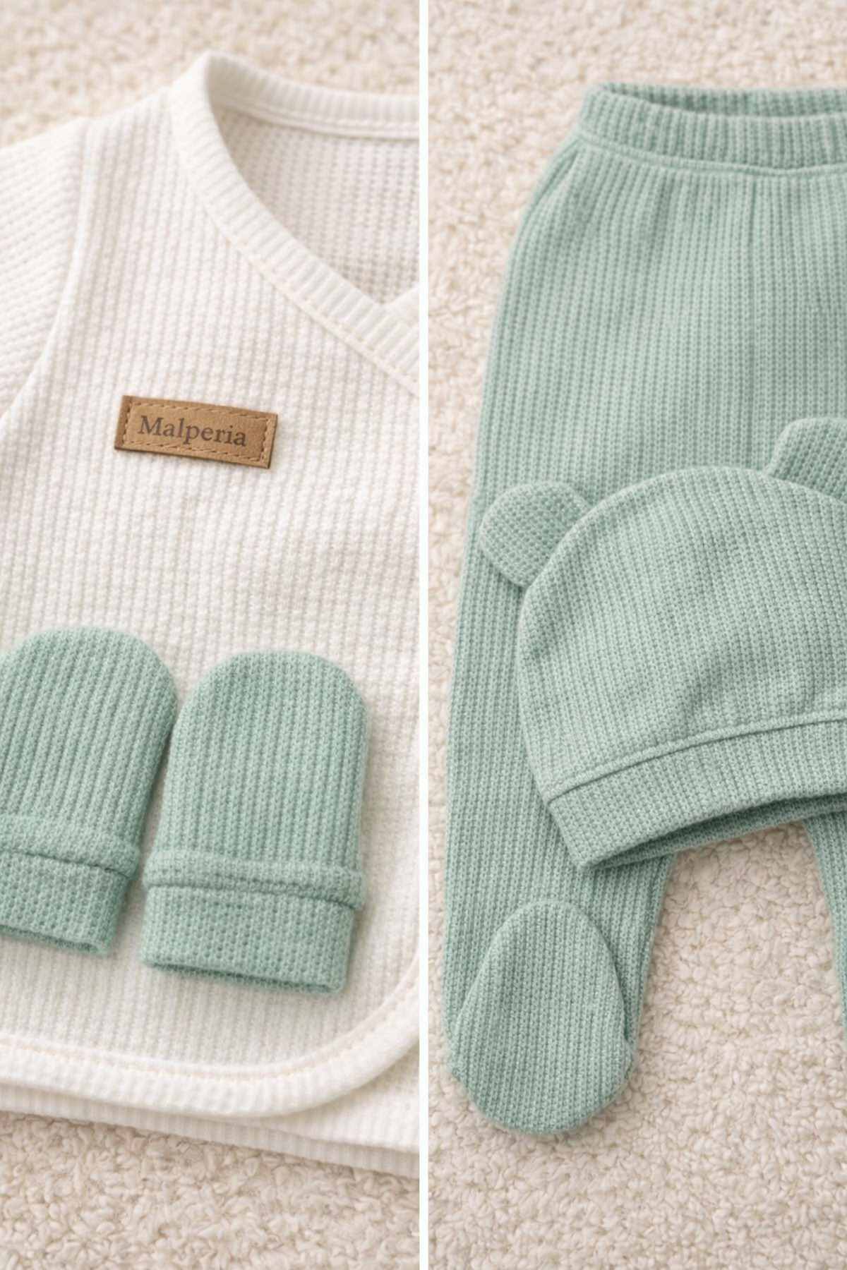 Mai Perla Waffle Kumaş Organik Pamuk Ayıcık Kulaklı Şapkalı Kutulu 5’li Hastane Çıkış Seti fotoğrafı 5 (önizleme)