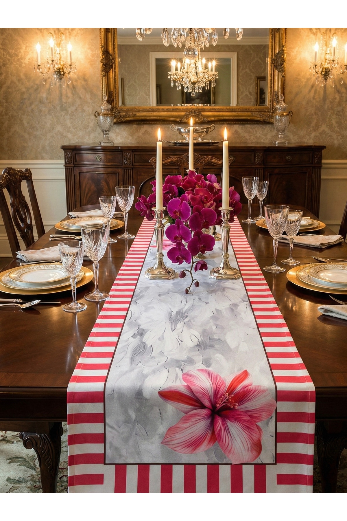 Digital Printed Striped Edge Floral Decorative Table Runner