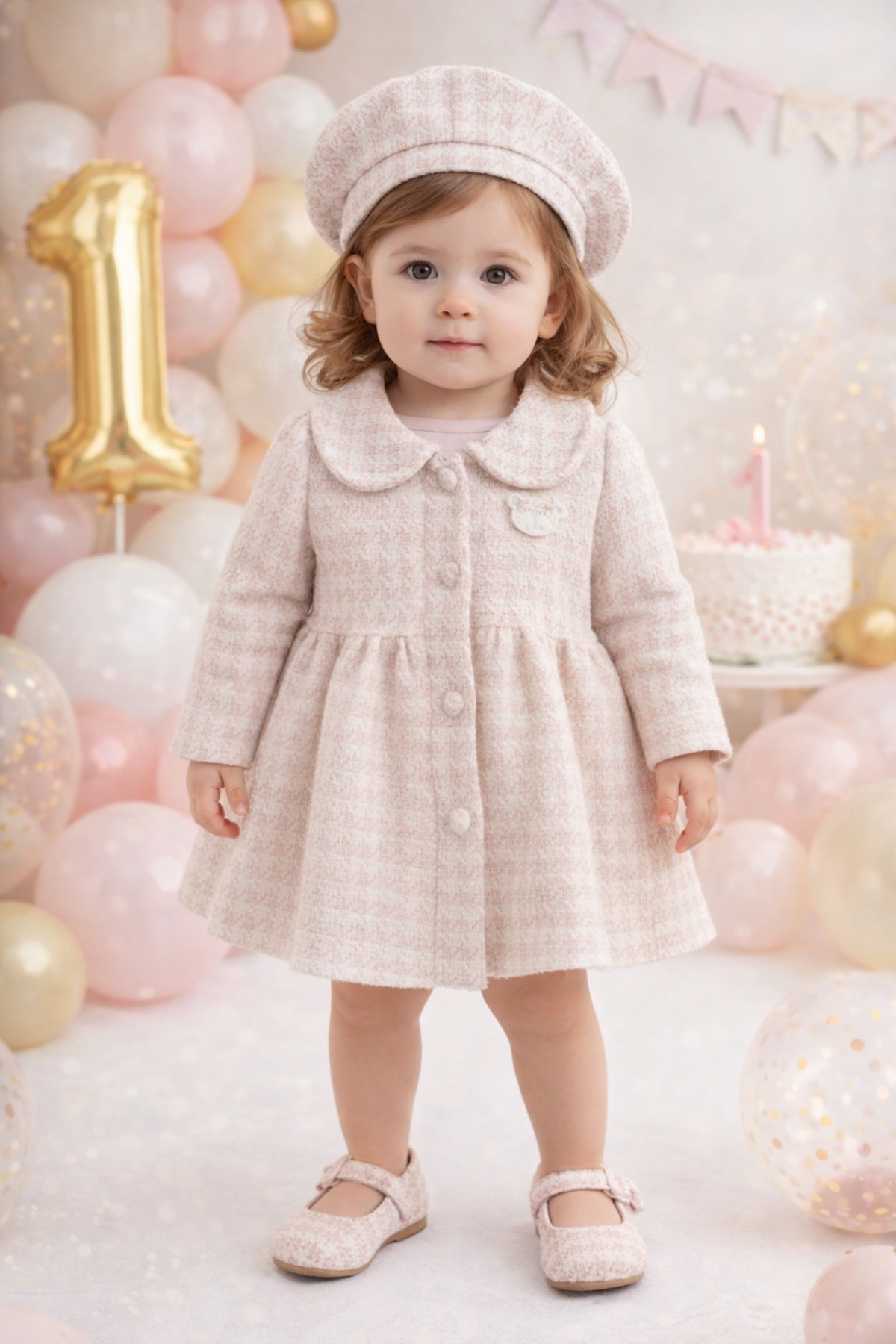 MBK GARDEN Kız Bebek Bayramlık Elbise Ceket ve Şapka Takımı – Pudra Renk 2’li Set fotoğrafı 3 (önizleme)