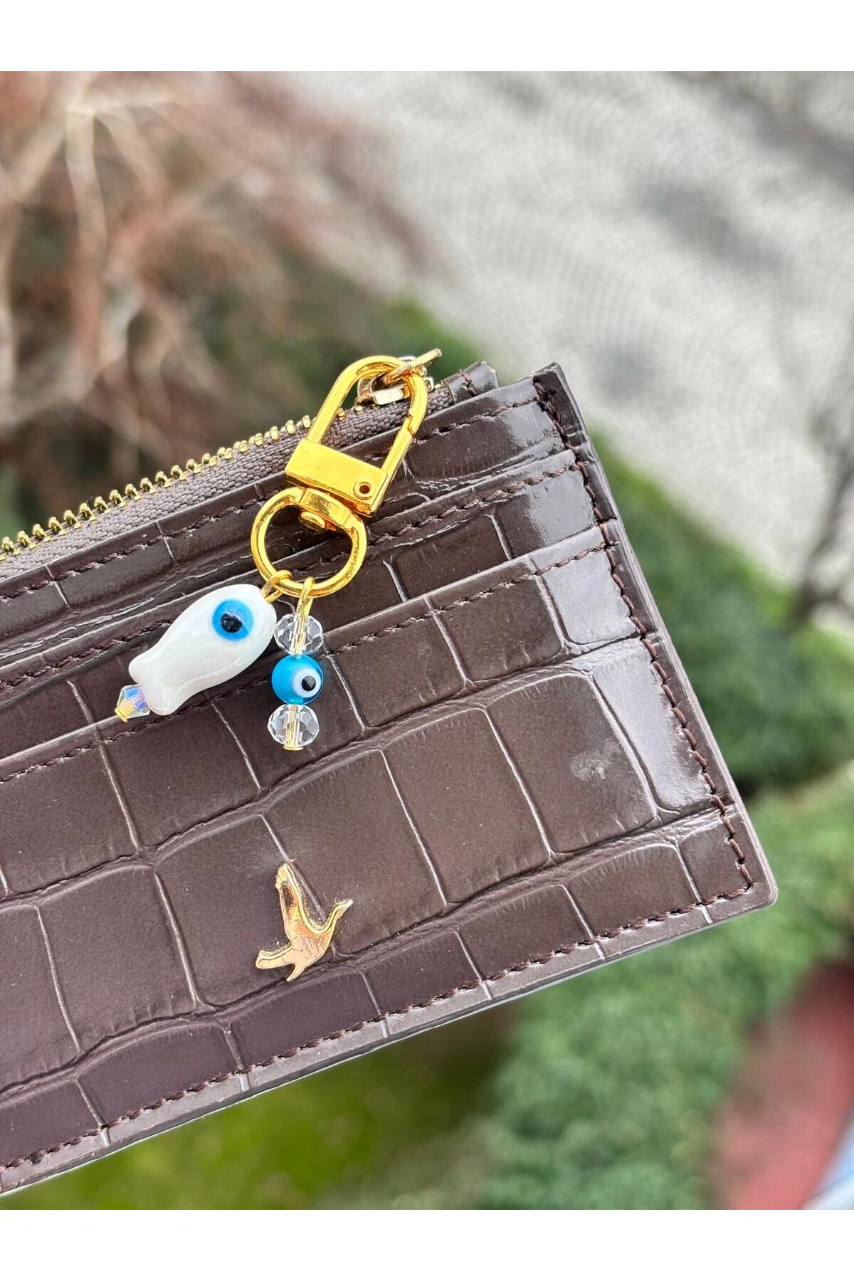 Ceramic Fish Evil Eye Bead Glass Gold Plated Wallet Ornament Charm Bag Ornament Keychain with Clip