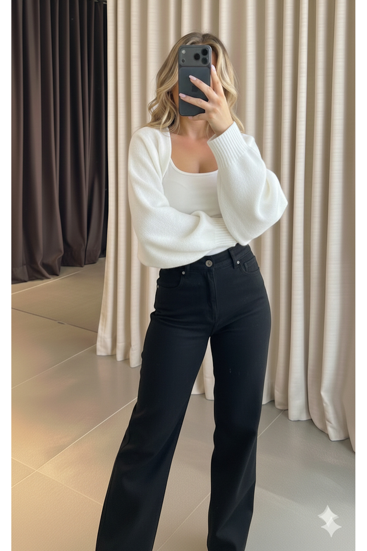 MaxiMor  Kadın Beyaz Renk Triko Örgü Reglan Kol Bolero Hırka Kore Tarzı 4 Mevsim Siyah - Görsel 3