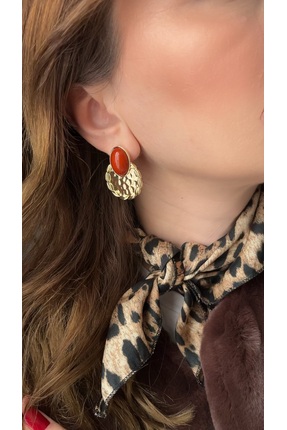 FASHION Kahverengi taşlı Gold plaka taşlı vintage küpe