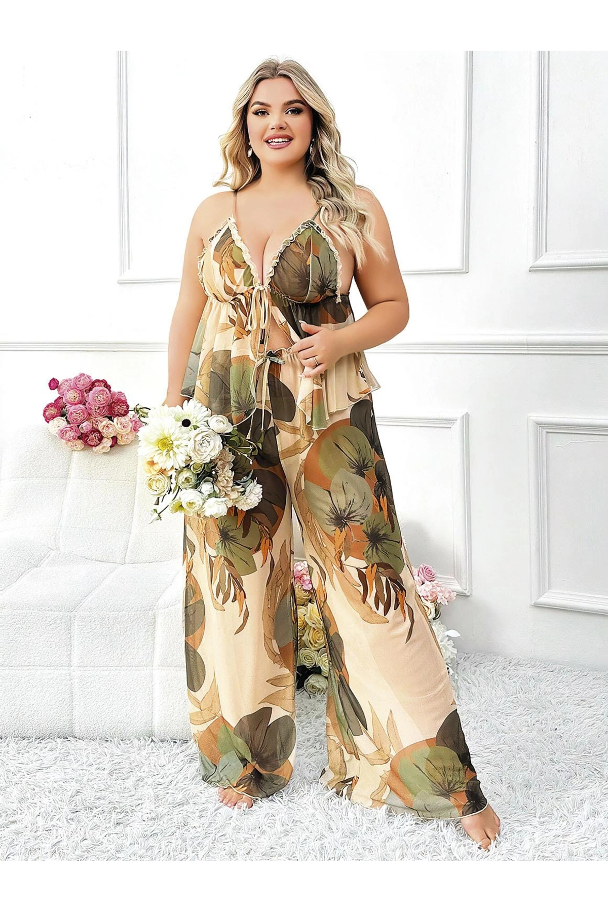 Aria's Closet Arias Closet Özel Tasarım Büyük Beden Çiçek Desenli İnce Askılı 2li Pijama Takımı