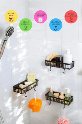 Cherie Home Yapışkanlı Plastik Üçlü Banyo Düzenleyici Duşakabin Rafı, Kancalı...