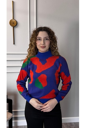 Nurgül Dilemen Lacivert Turuncu Desenli Balıkçı Yaka Kazak