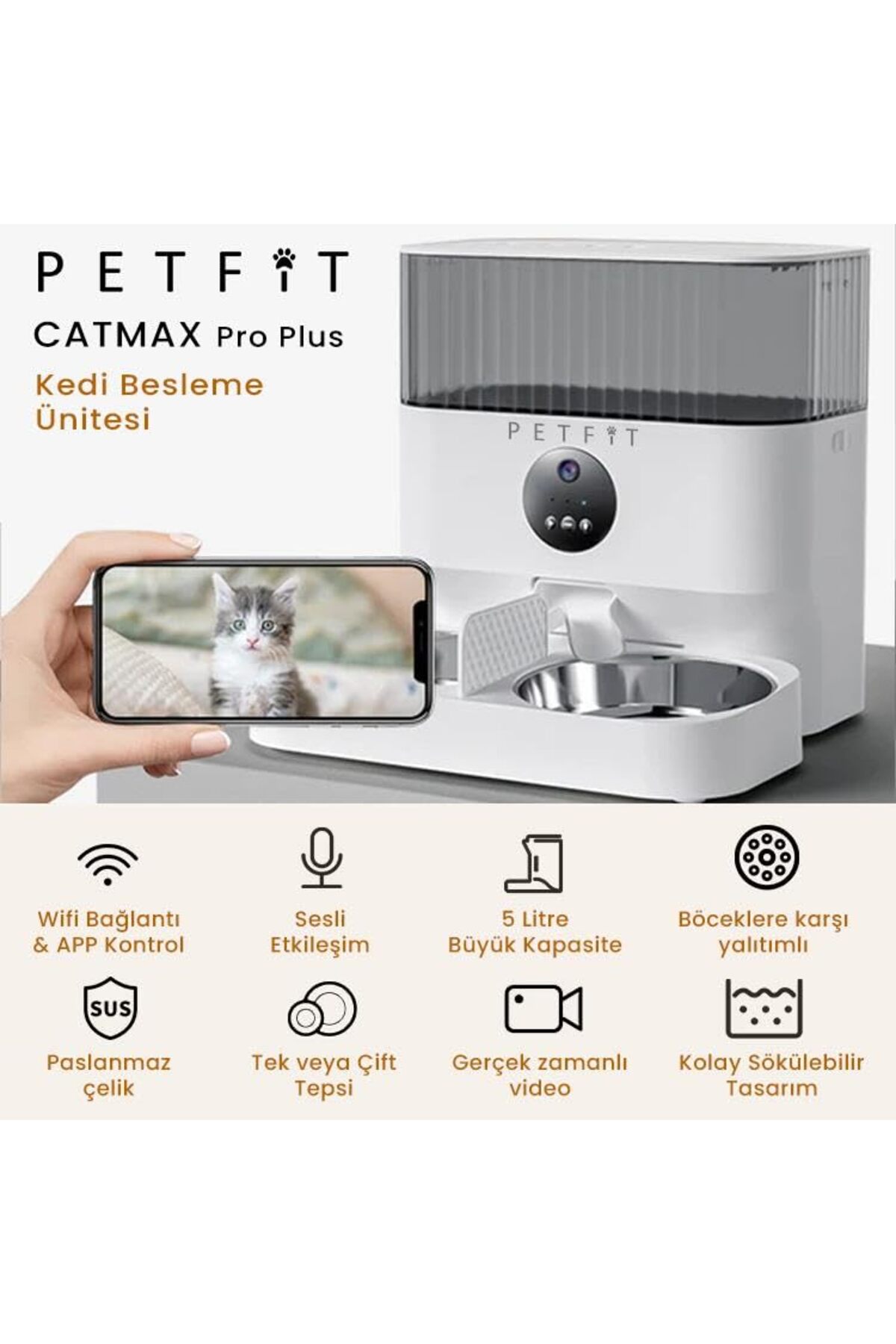 Hype Store Petfit CatMax Pro 5L Wi-Fi Kameralı Çift Kase Akıllı Otomatik Kedi Köpek Mama Kabı Besleme Ünitesi ( fotoğrafı 2 (önizleme)