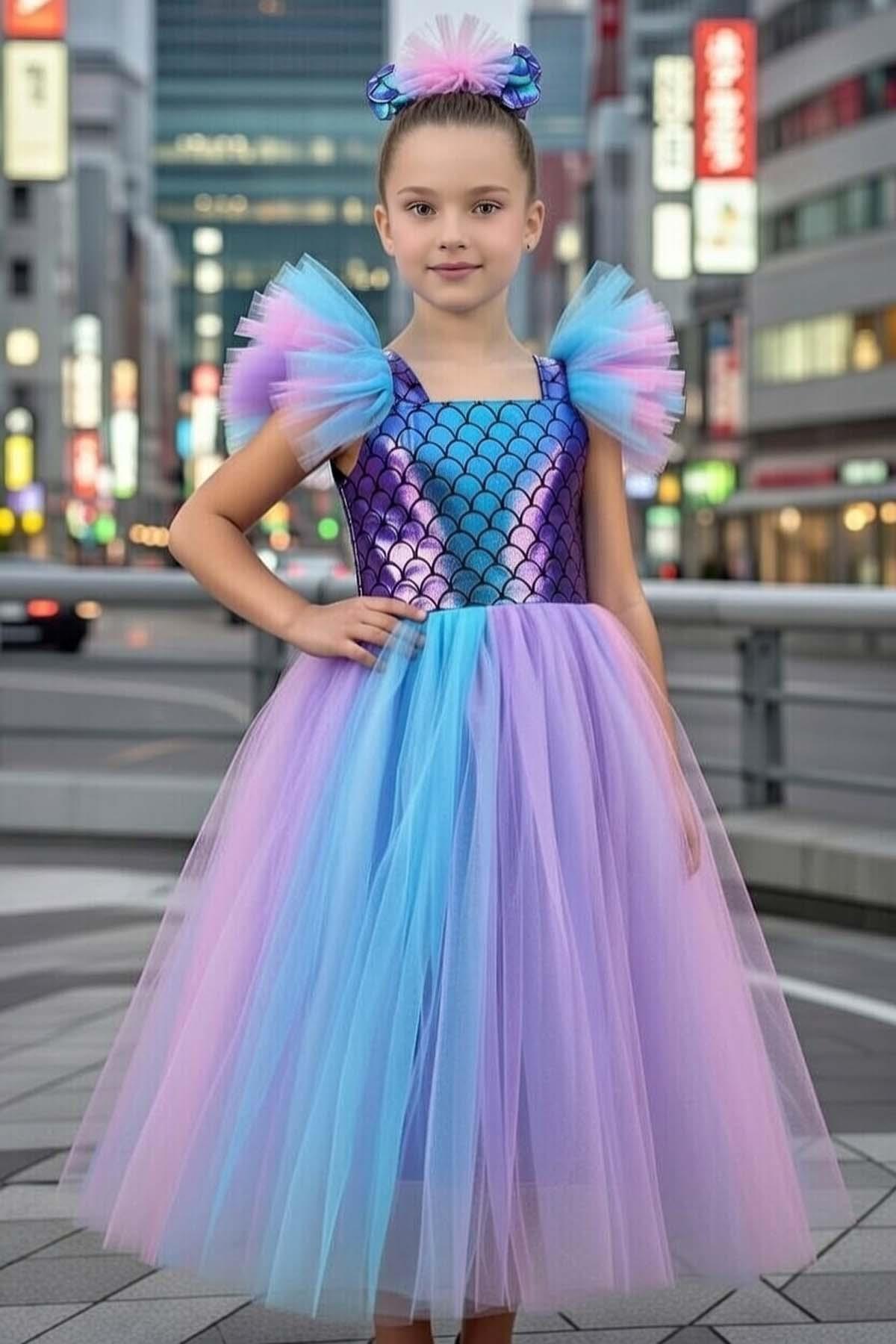 Girls Shoulders Ruffle Tulle Square Neck and Fish Sequin Detailed Sleeveless Evening Dress