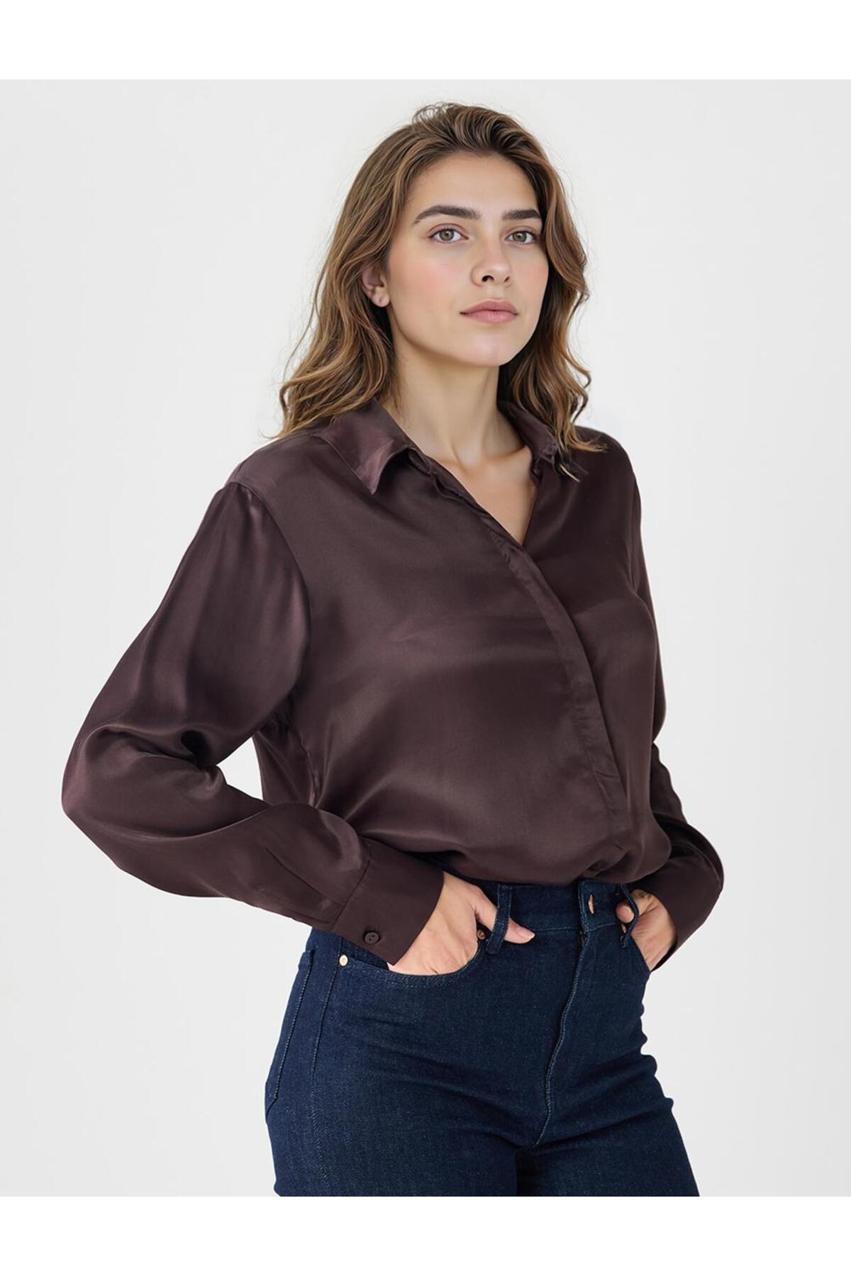 Jimmy Key  Acı Kahve Uzun Kollu Rahat Kesim Saten Gömlek - Görsel 4