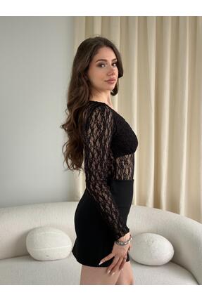 bbeox.com Dantel Detaylı V Yaka Uzun Kollu Bodysuit