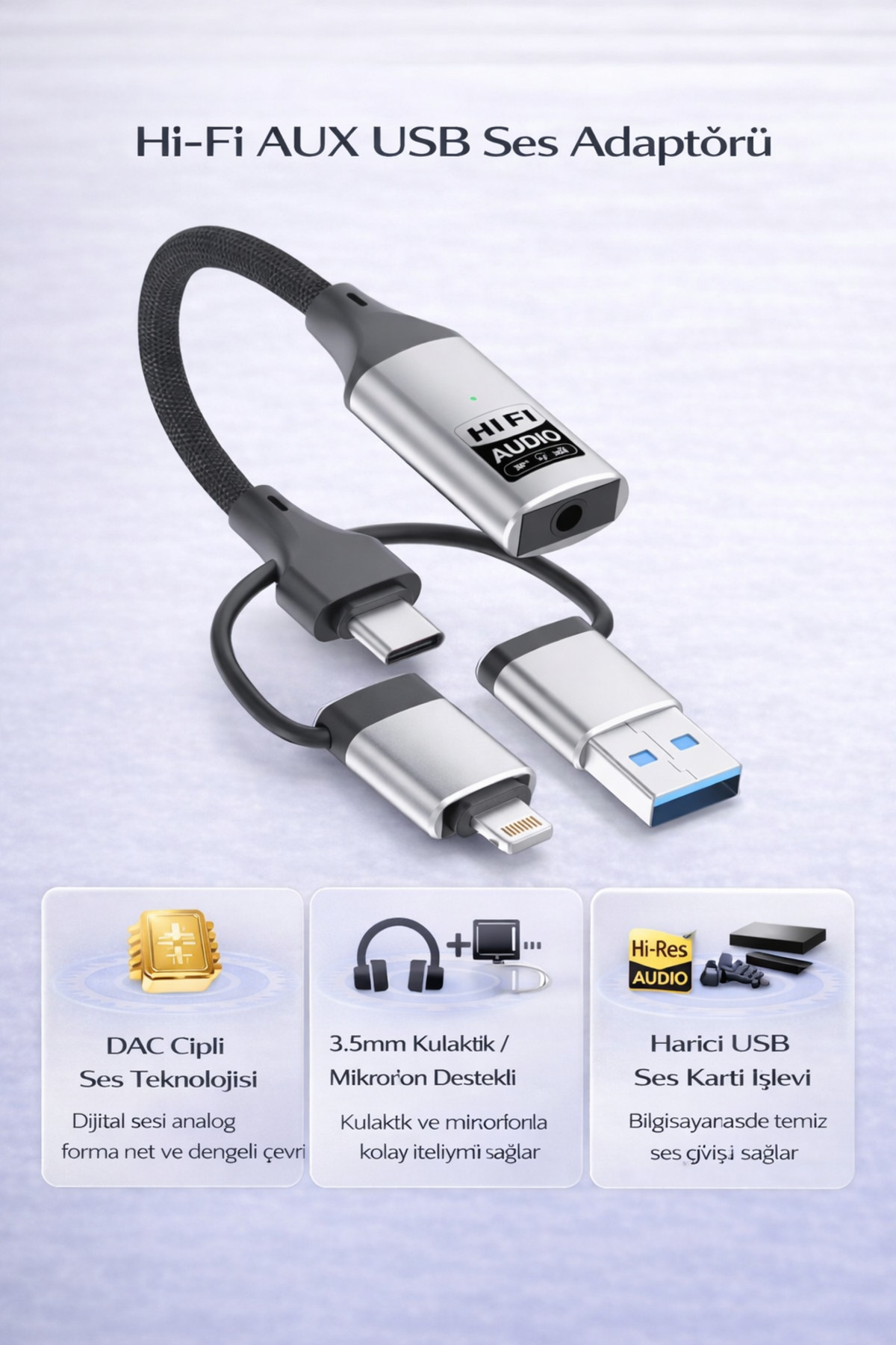 Coverzone 3.5mm Hi-Fi Ses Dönüştürücü Lightning Type-C USB DAC