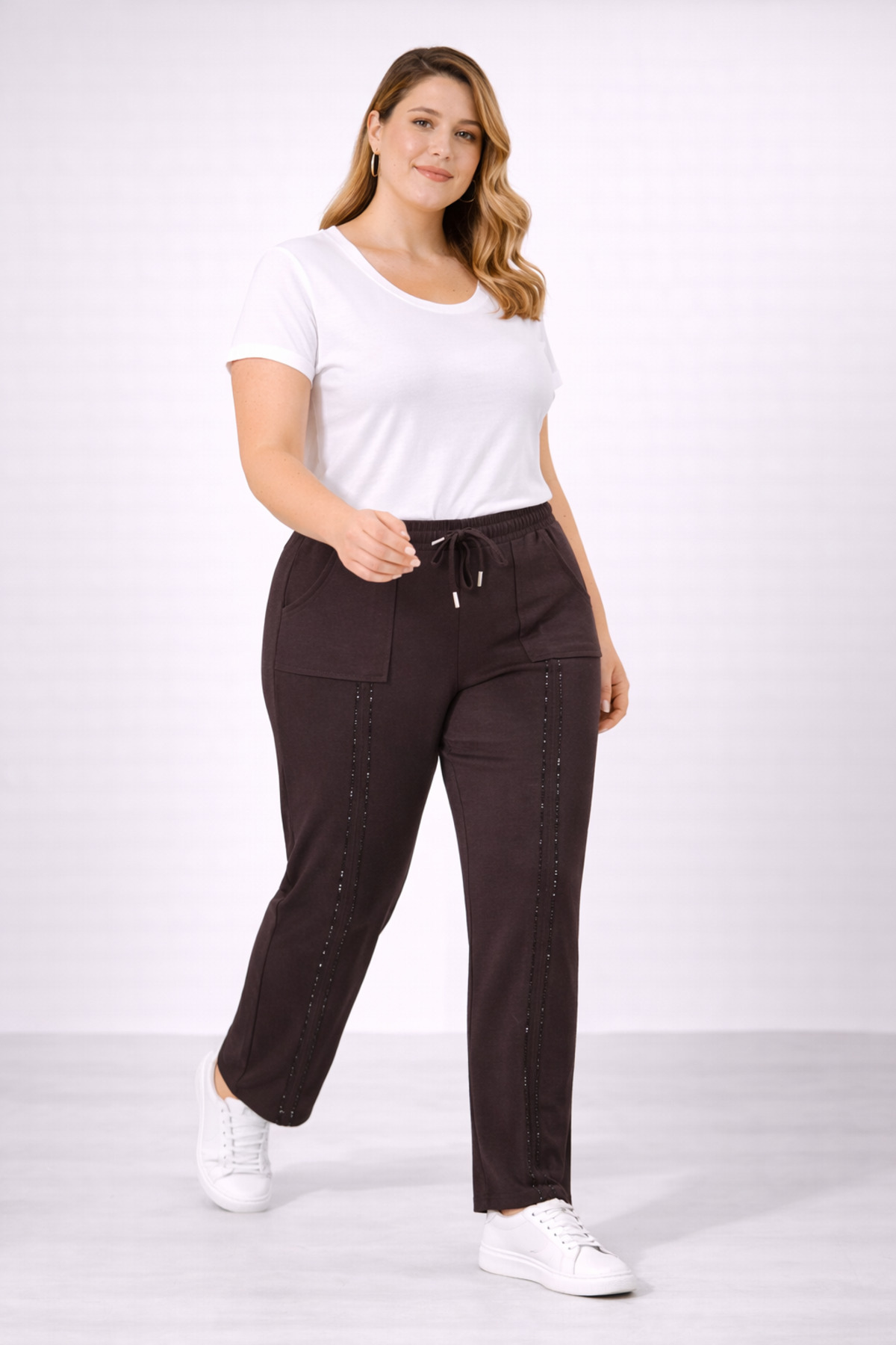 Şans  Kadın Büyük Beden Kahverengi, Bel Lastikli, Ön Taş İşli Cepli Eşofman Alt 65N39394 - Görsel 7