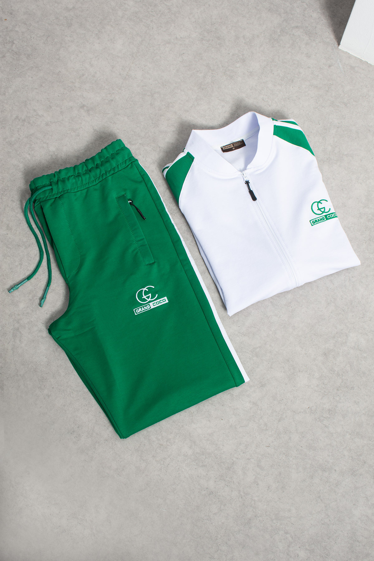 grand coco  Erkek 2 İplik Penye Kumaş Paça Geniş Yeşil Beyaz Eşofman Takımı
