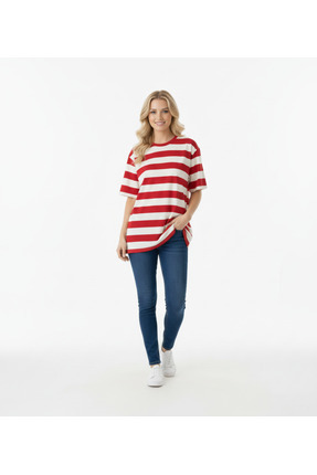 türkmen solak Oversize Kalın Çizgili Basic Tişört – Pamuk Penye, Kırmızı Beya...
