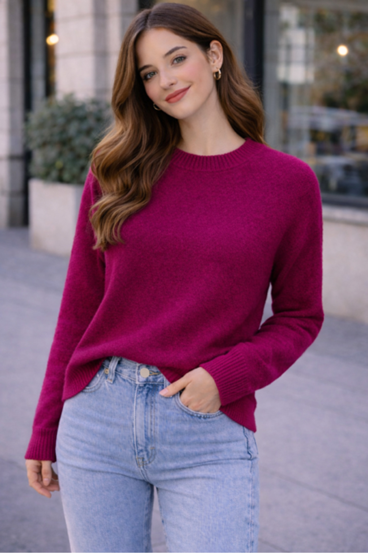 Kadın Vita-260 Maviş Bisiklet Yaka Basic Triko Kazak Koyu Fuşya