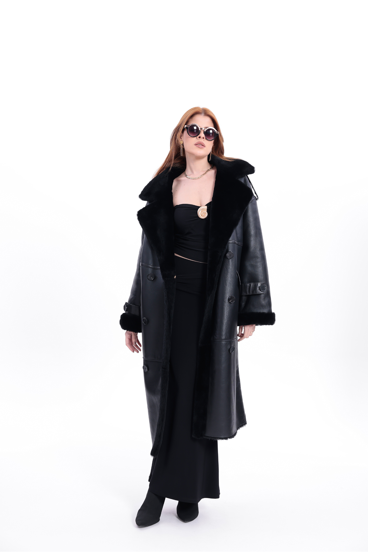 By Marki Marki  Kadın Hakiki Deri Uzun Palto Siyah Oversize Kruvaze Düğmeli içi Kürklü 115 cm - Görsel 4