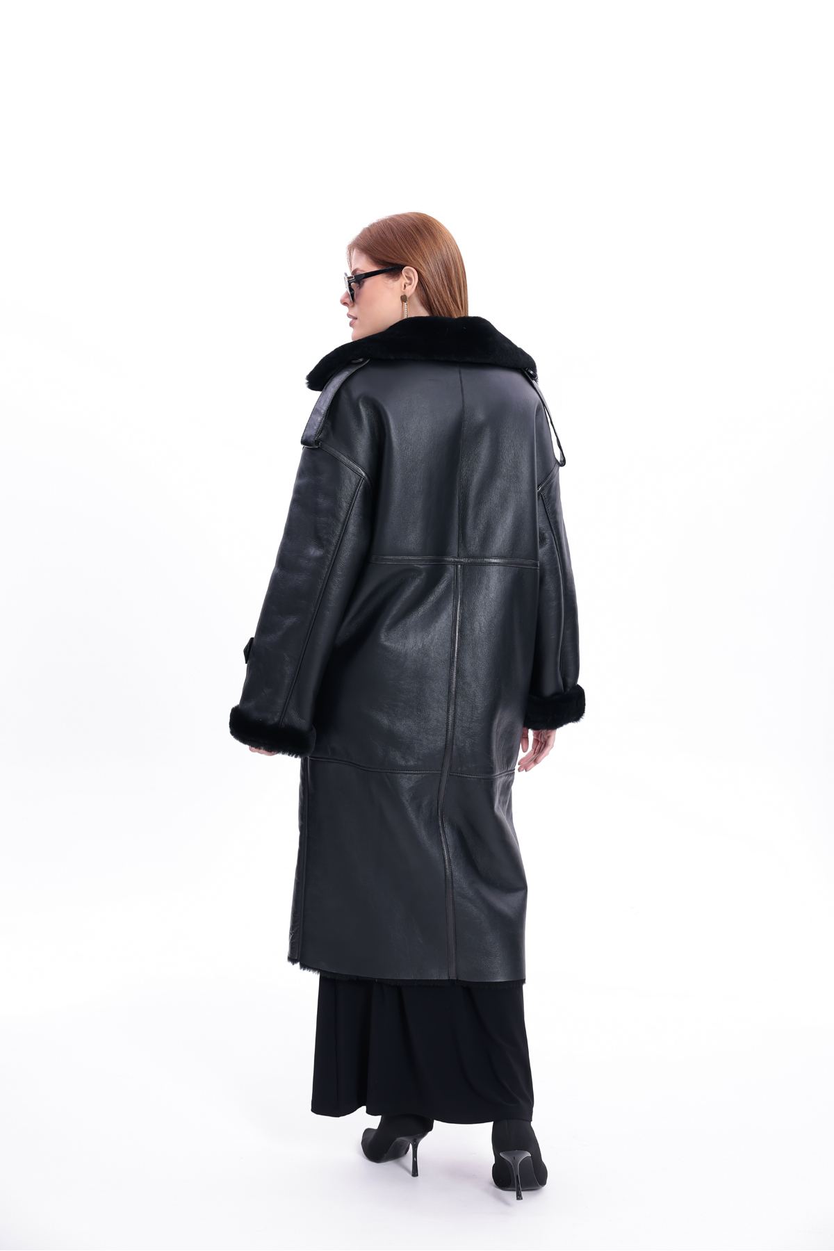 By Marki Marki  Kadın Hakiki Deri Uzun Palto Siyah Oversize Kruvaze Düğmeli içi Kürklü 115 cm - Görsel 3