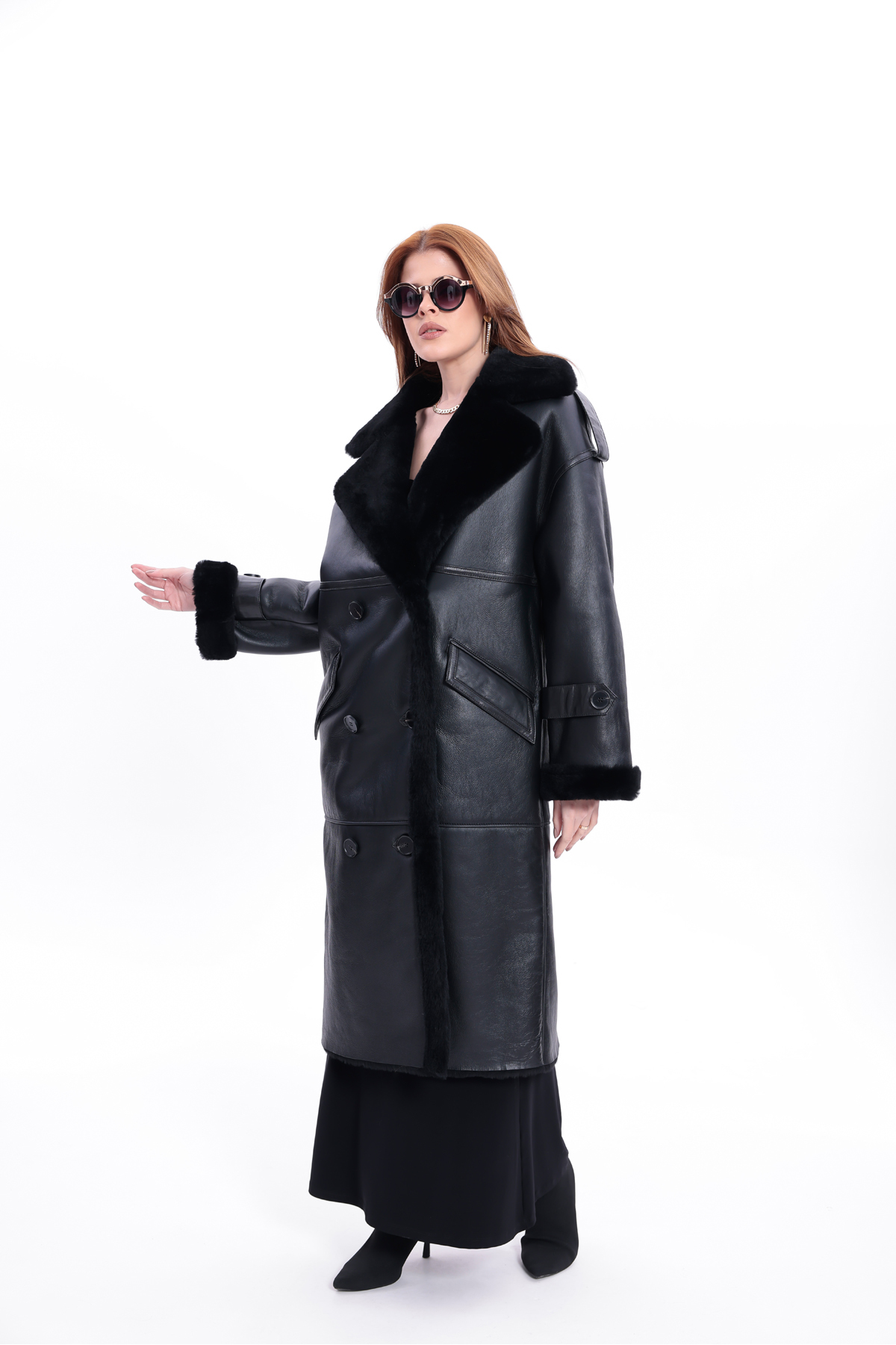 By Marki Marki  Kadın Hakiki Deri Uzun Palto Siyah Oversize Kruvaze Düğmeli içi Kürklü 115 cm