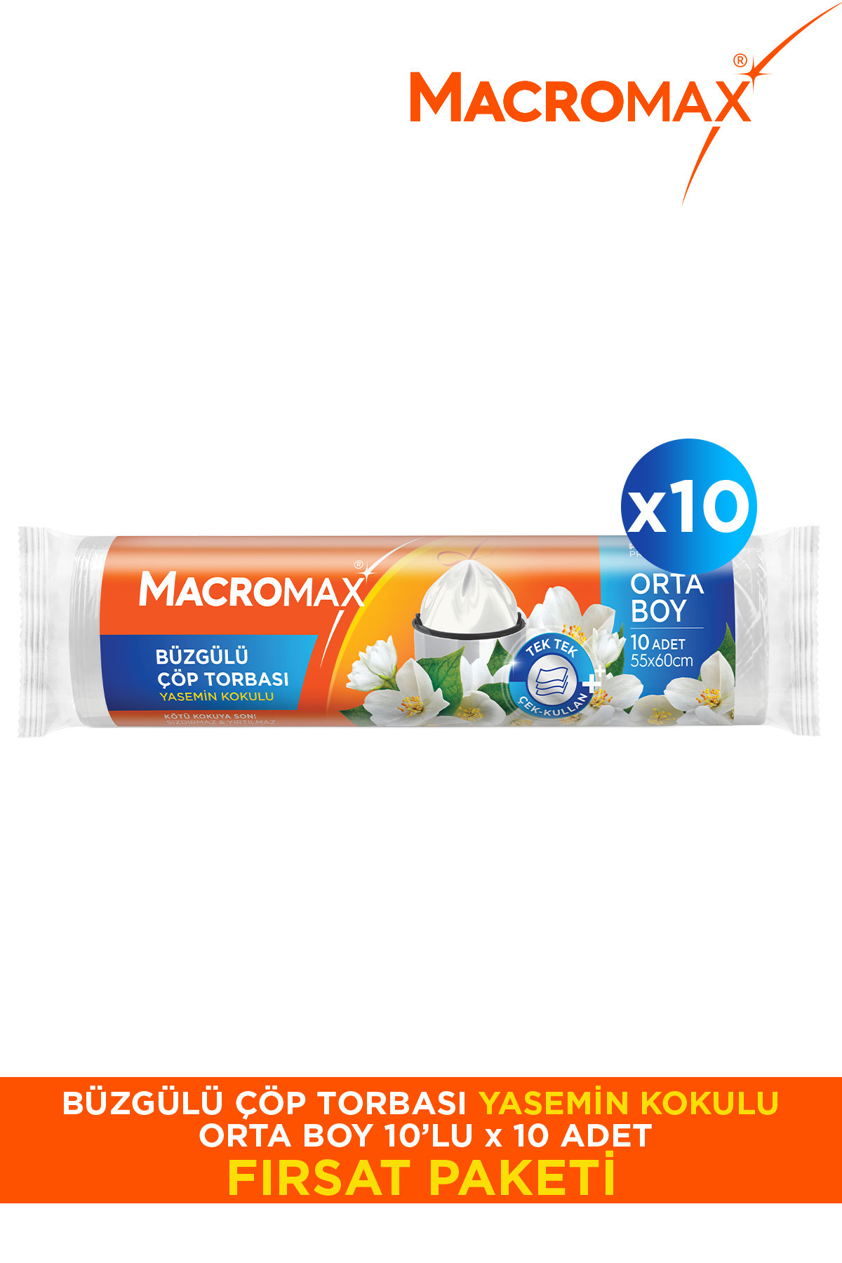 MACROMAX Büzgülü Yasemin Kokulu Çöp Torbası Orta Boy 10 Paket (10