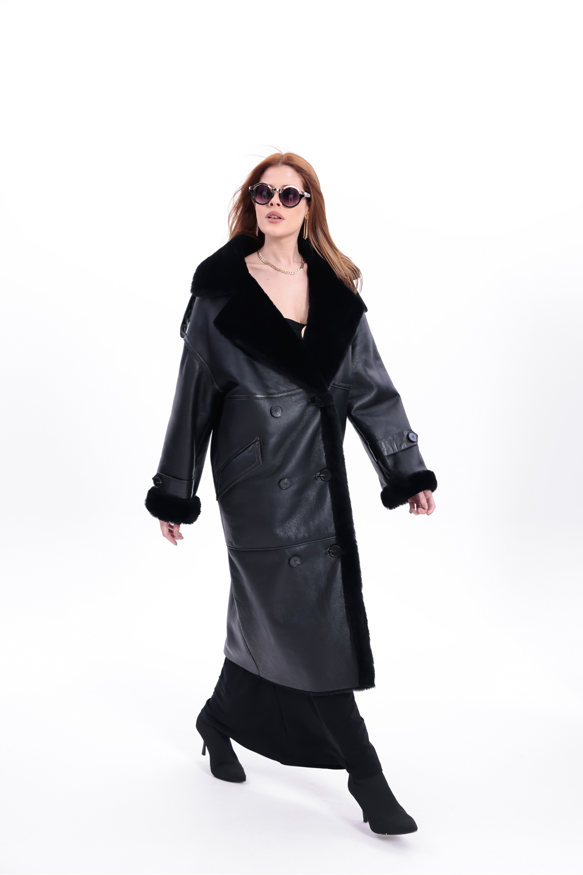 By Marki Marki  Kadın Hakiki Deri Uzun Palto Siyah Oversize Kruvaze Düğmeli içi Kürklü 115 cm - Görsel 8