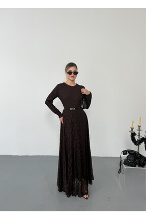 Viskosa Kemer Detaylı Uzun Astarlı Dantel Elbise