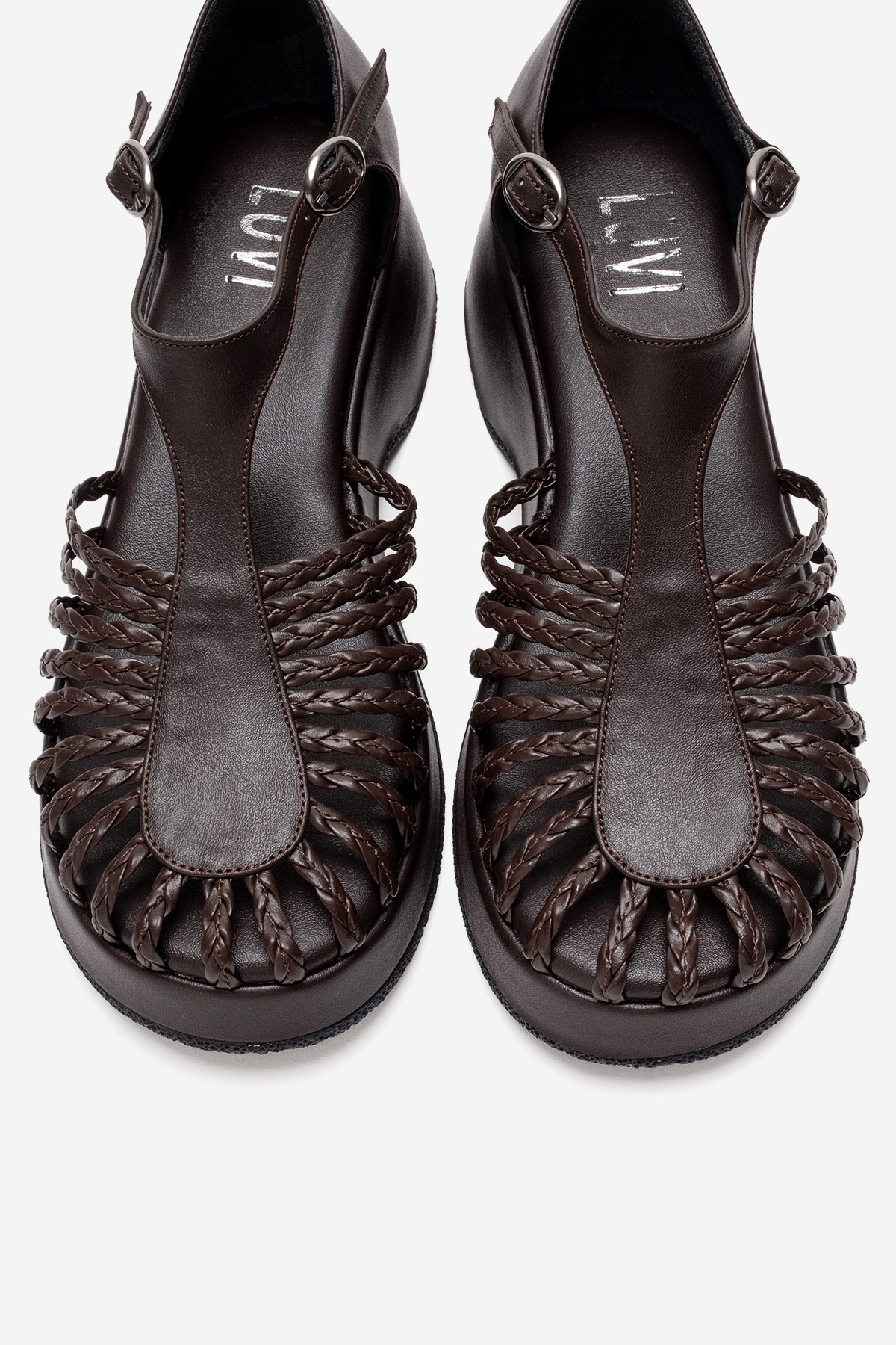 luvishoes  BARRY Kahverengi Örgü Detaylı Kadın Dolgu Topuklu Sandalet - Görsel 2