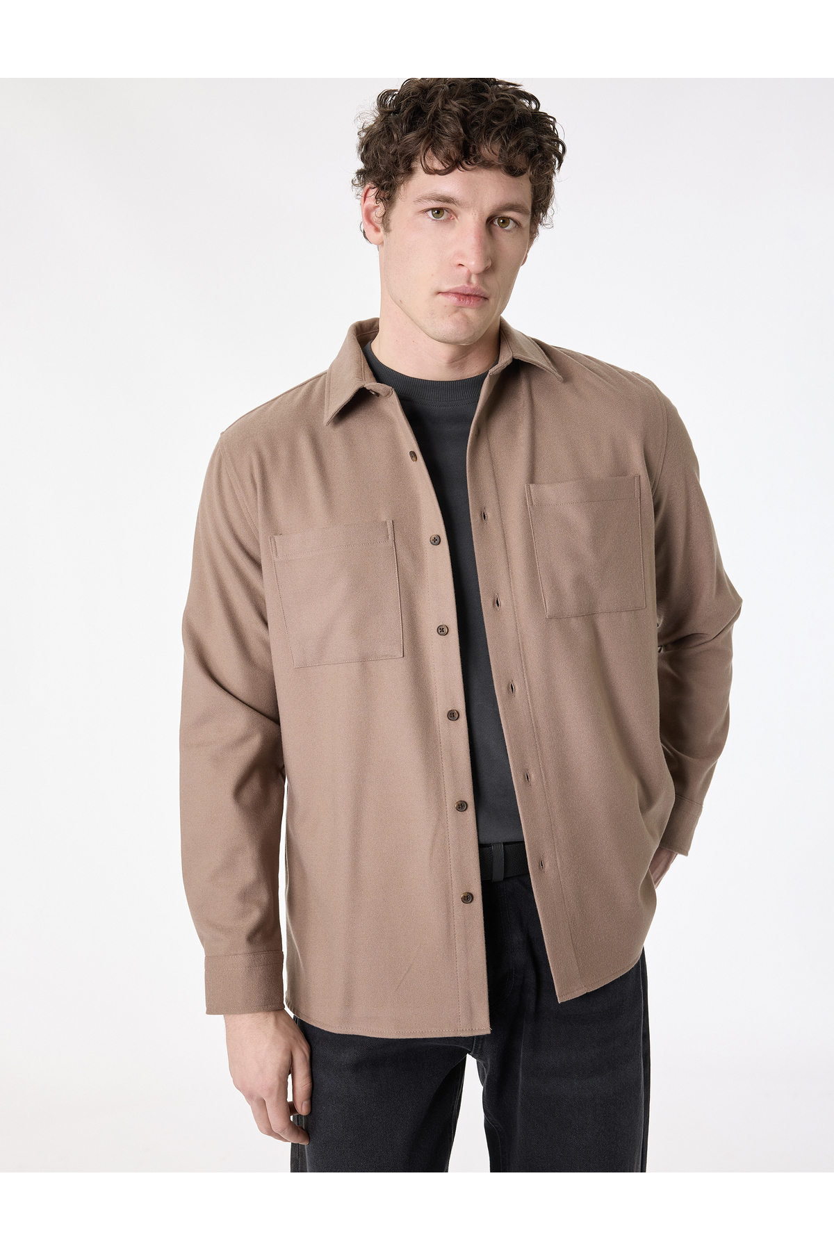کوتون پیراهن آستین بلند یقه کلاسیک جیب‌دار معمولی