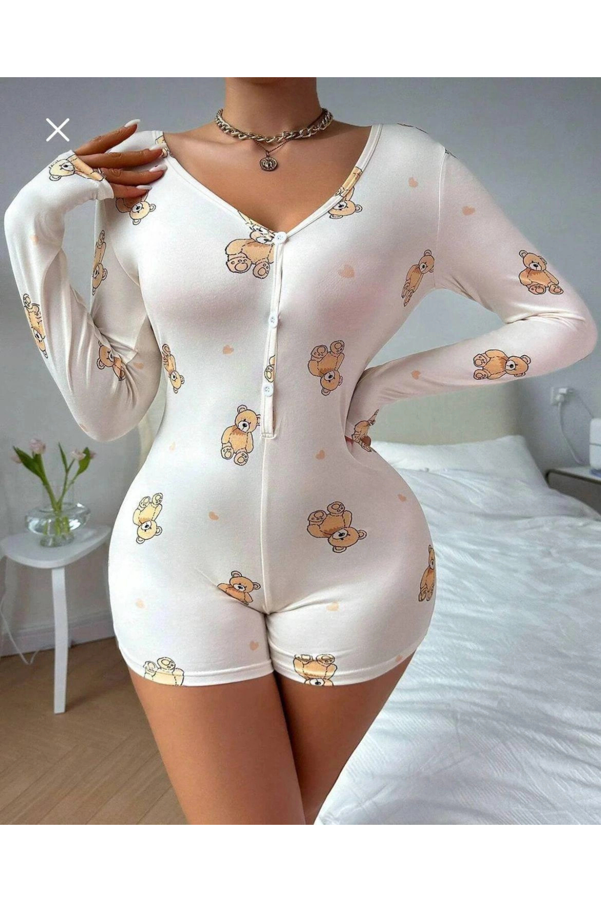 ALFA AKSESUAR 03 Pamuklu Beyaz Ayıcık Desenli Düğmeli Uzun Kol Tulum Pijama