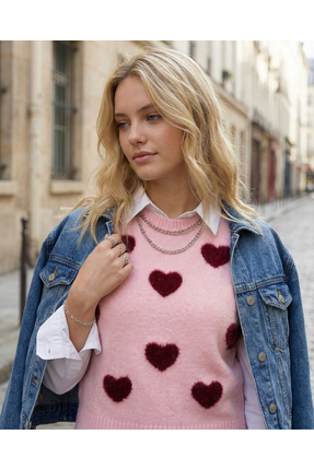 Qoolest Kadın Yünlü Pembe Kalpli Peluş Detaylı Triko Süveter Yumoş Vintage St...