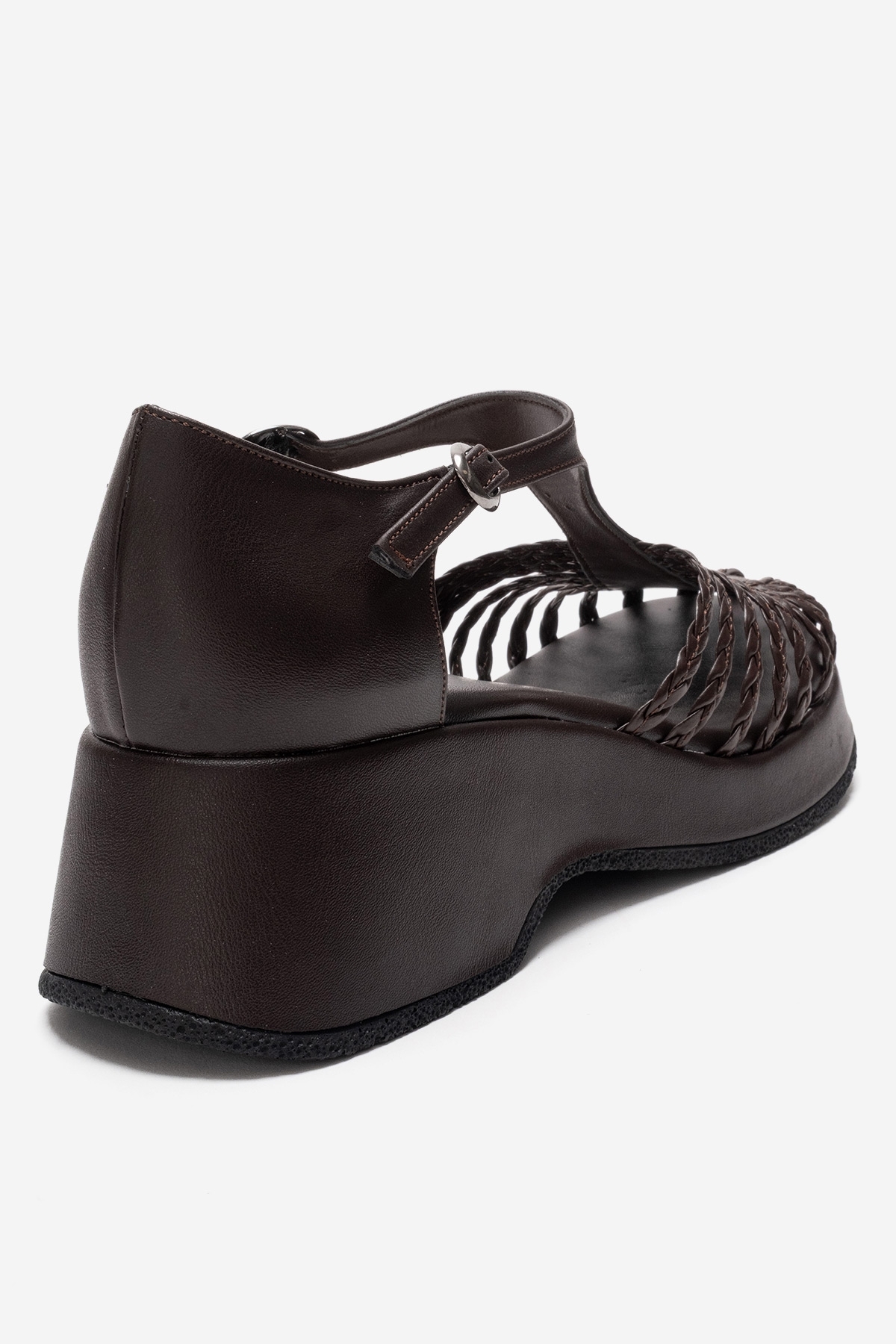 luvishoes  BARRY Kahverengi Örgü Detaylı Kadın Dolgu Topuklu Sandalet - Görsel 5