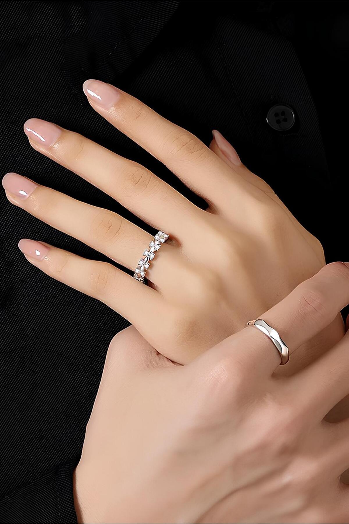 The Collection 2'li Set Ciddi İlişki Yüzüğü Gümüş Kaplama Ayarlanabilir Sevgili Çift Yüzük görsel 6