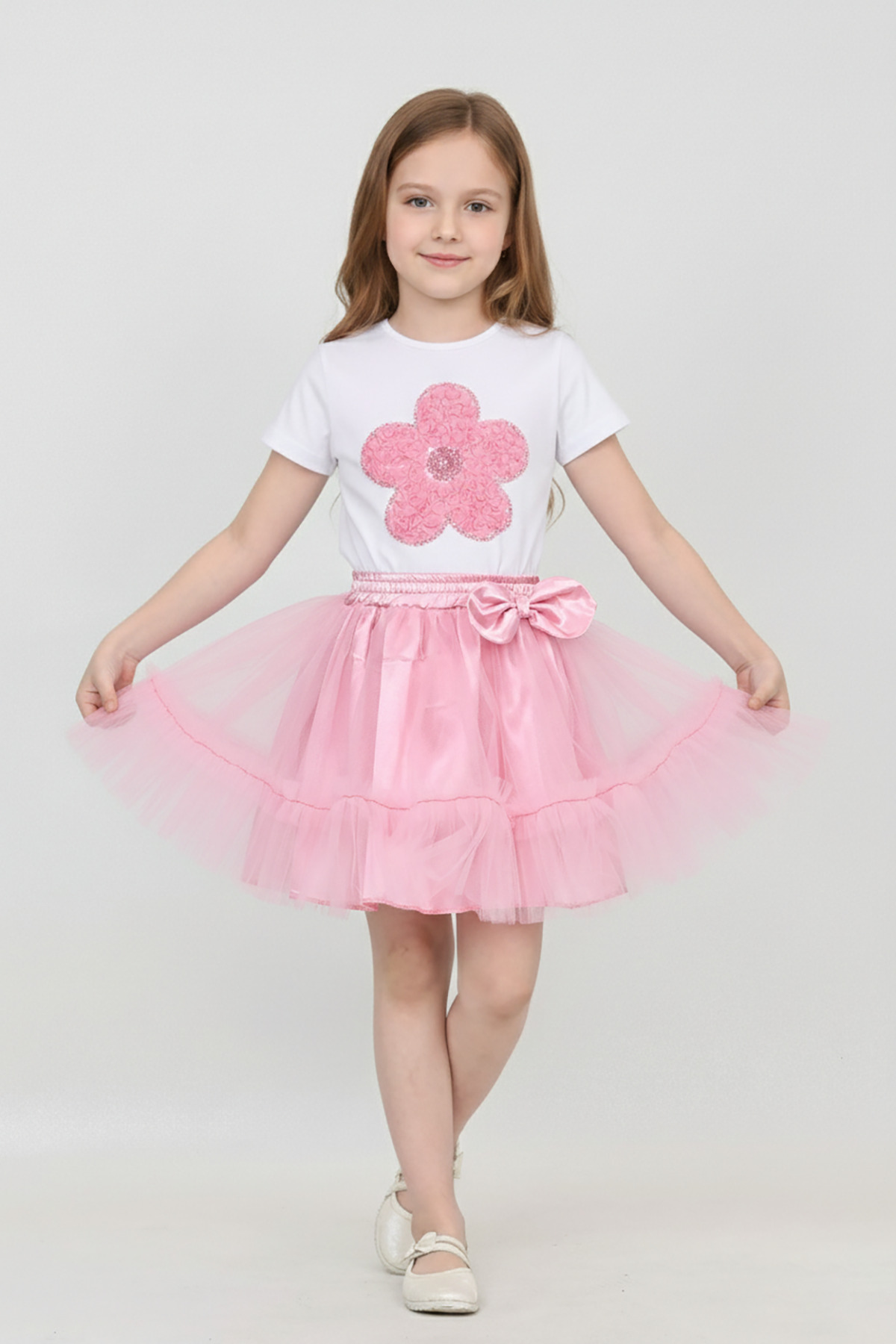 Girls Pink Daisy T-Shirt Pink Elastic Waist Frilly Skirt Set April 23 Showwear