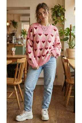 Qoolest Kadın Kalpli Yünlü Pembe Triko Sevgililer Günü Özel Yumuşak Dokulu Ov...