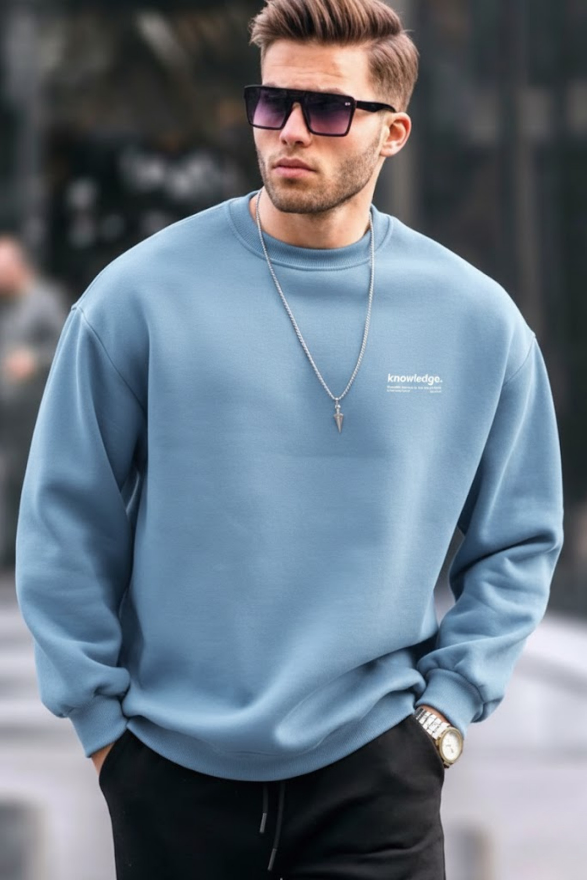 COMBİNE MİCHAİL Men's Text Printed Casual B.Blue Sweatshirt