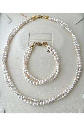 eyla collection Özel Tasarım Sarmal Form Gerçek İnci Takı Seti (45+5 cm)