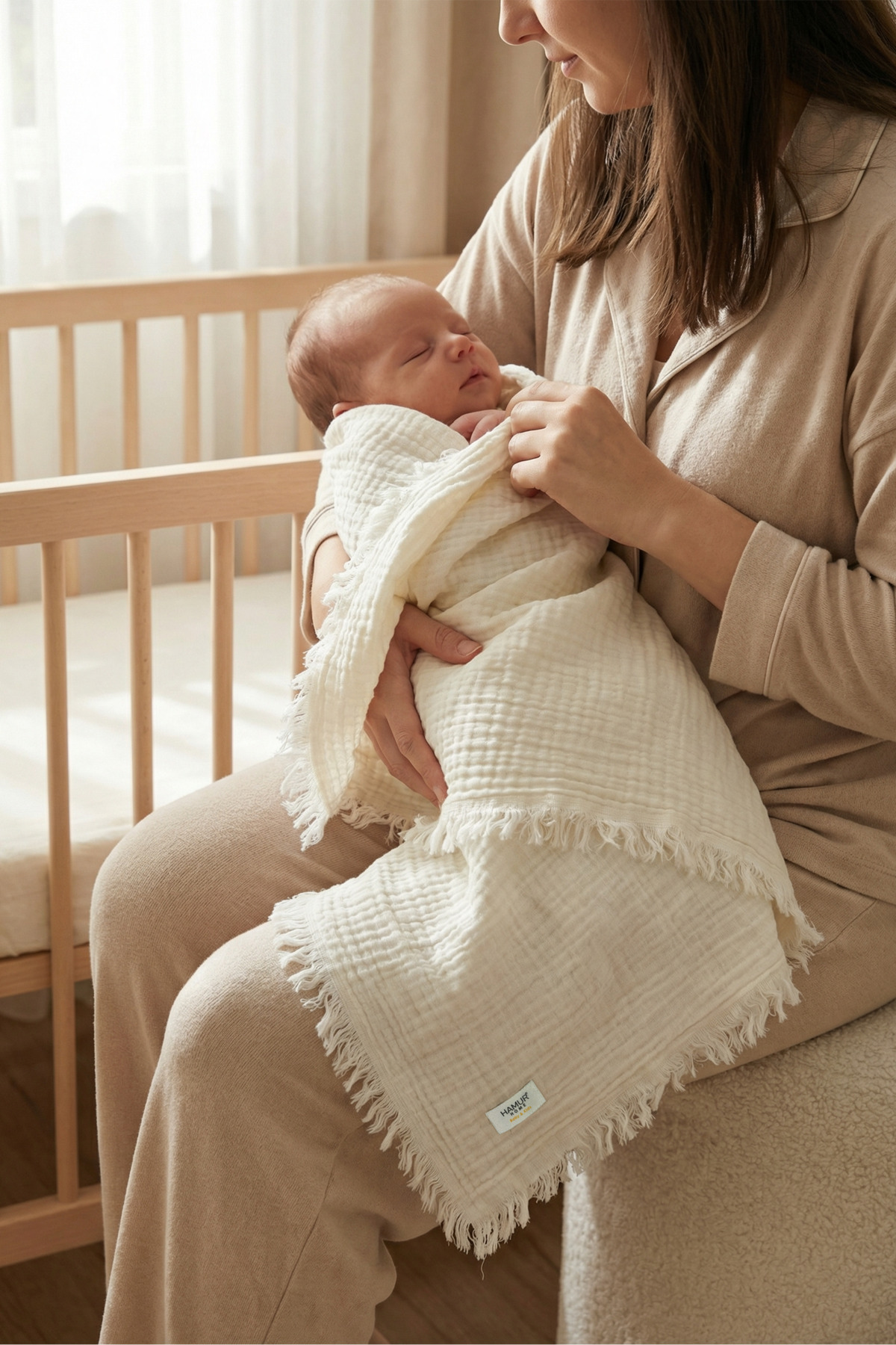 HAMUR Müslin Bebek Pikesi %100 Pamuk 85x100 cm Yenidoğan Bebek Arabası Puset Örtüsü Kundak Battaniye Ekru fotoğrafı 2 (önizleme)