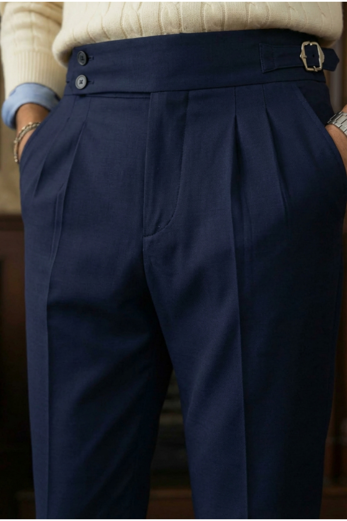 Men's Old Money Pleated Harvest Italian Cut Fabric Pants Navy