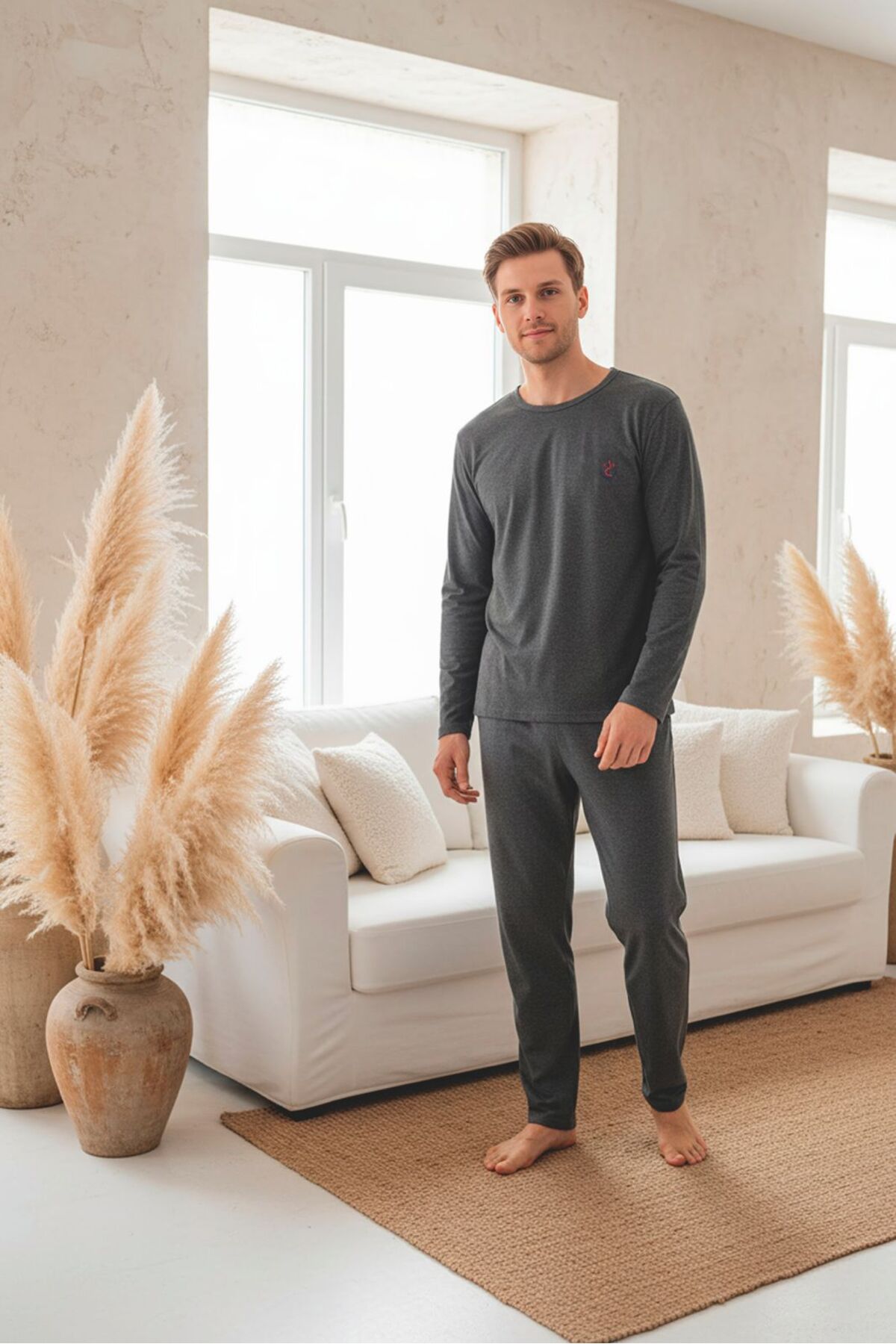 PİJART  Antrasit Penye Uzun Kollu Erkek Pijama Takımı