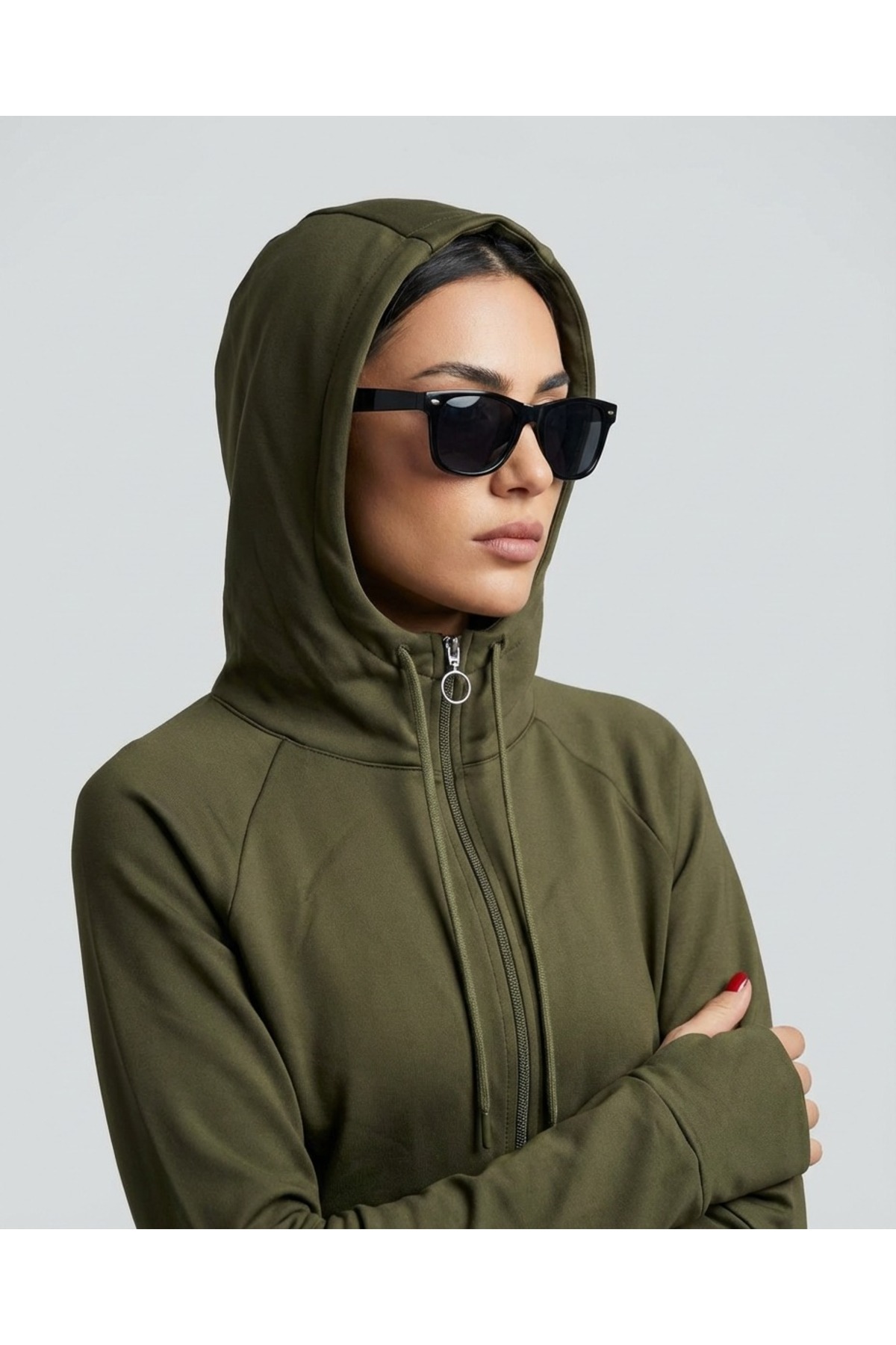 Grenj Fashion Haki Başparmak Delikli İçi Şardonlu Kışlık Örme Spor Ceket/Sweatshirt görsel 4
