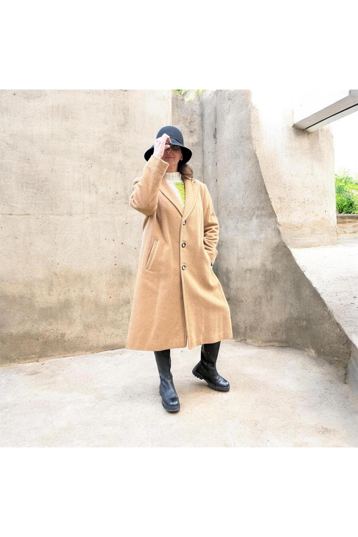 Retrokare  Camel-Bej 100% yün Oversize Palto - Görsel 5