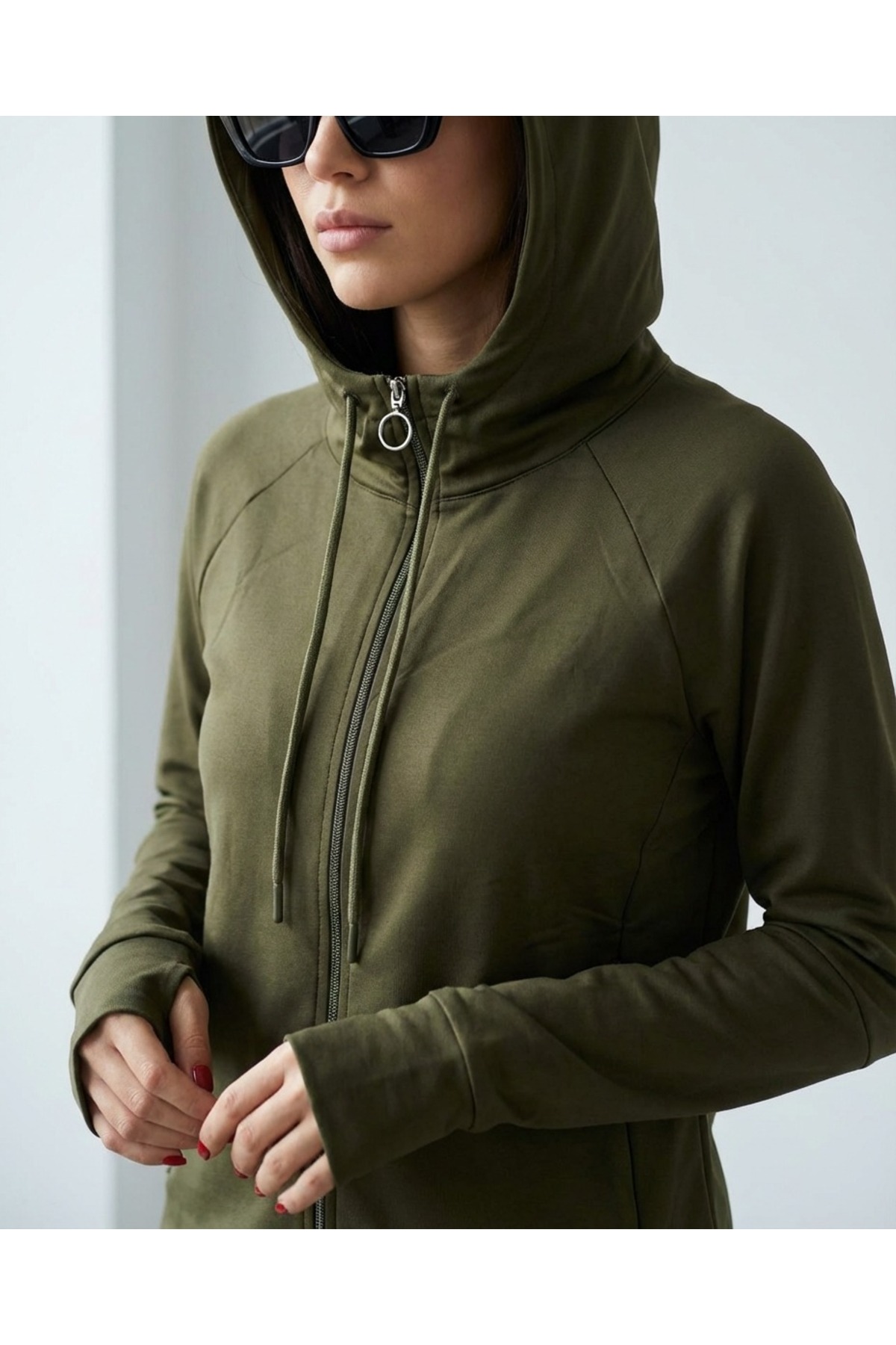 Grenj Fashion Haki Başparmak Delikli İçi Şardonlu Kışlık Örme Spor Ceket/Sweatshirt