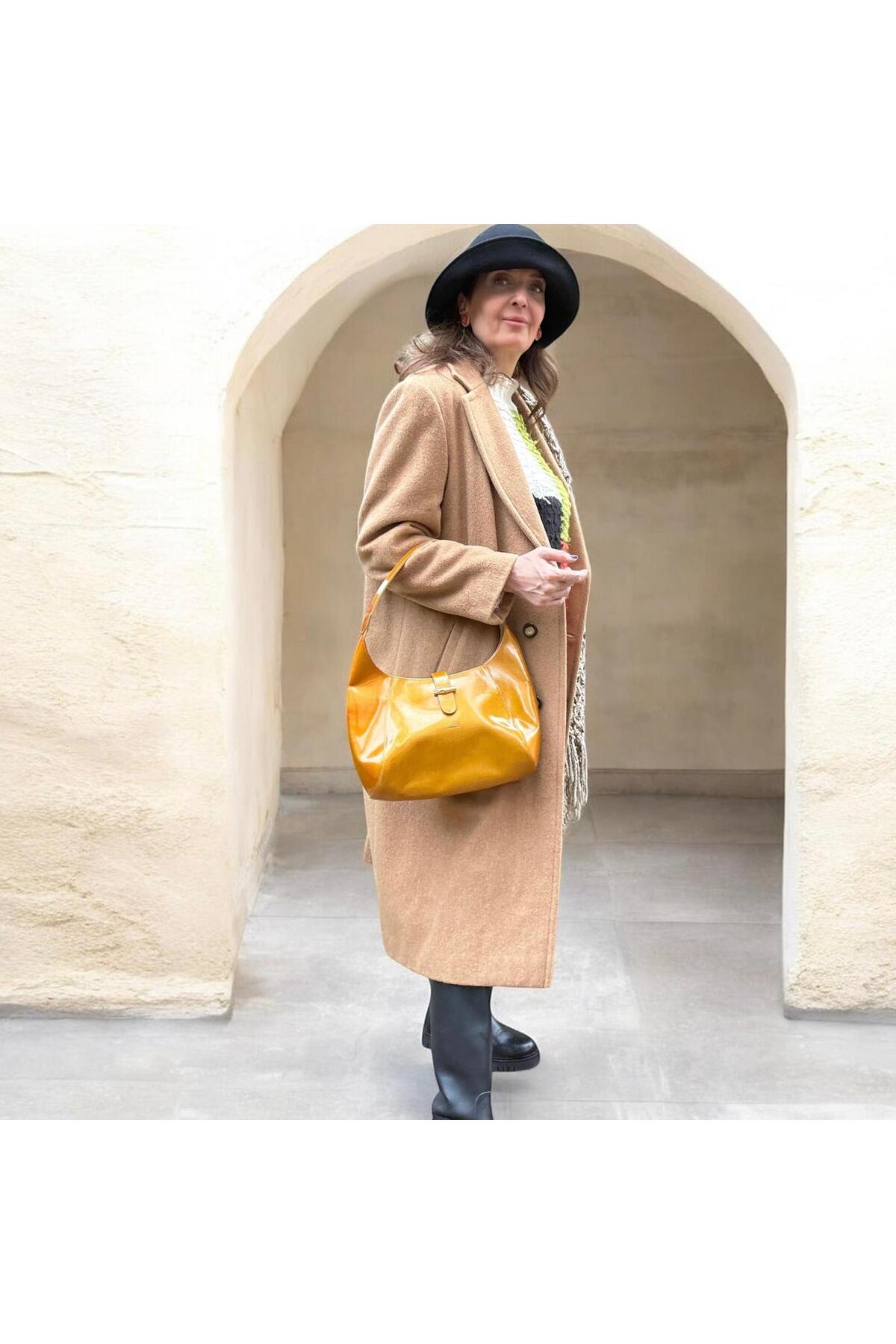 Retrokare  Camel-Bej 100% yün Oversize Palto - Görsel 7