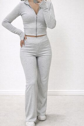 GizSu Butik Gri Rikalı Kapüşonlu Parmaktan Geçmeli Şapkalı Yüksek Bel Eşofman...