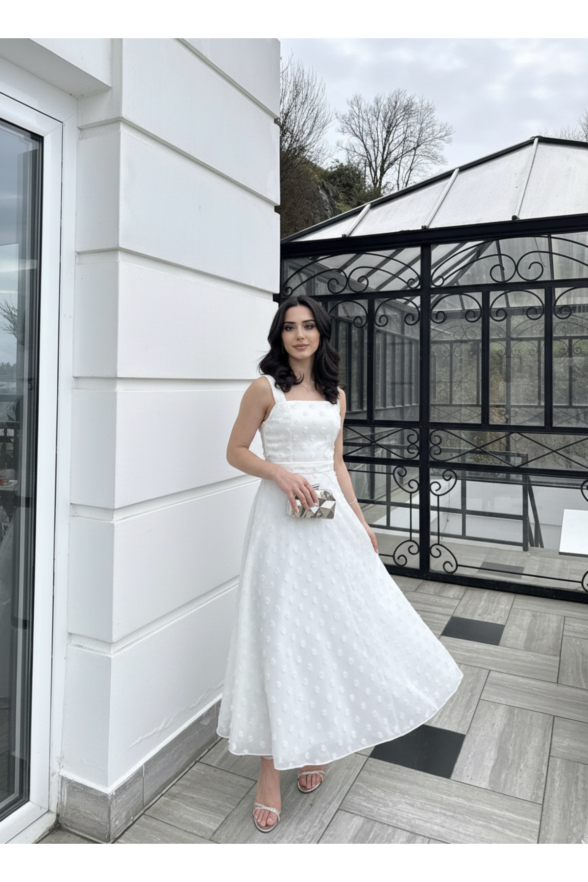 WHITE ELİZA long flared skirt dress with thick strap