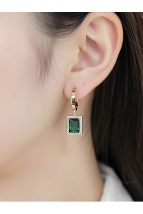 Aylin Bijuteri Yeşil Taşlı Altın Renk Halka Sallantılı Küpe